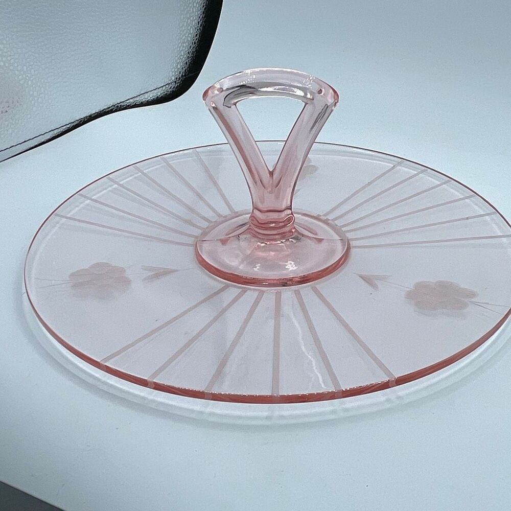 Vintage pink depression glass center handle server etched floral.